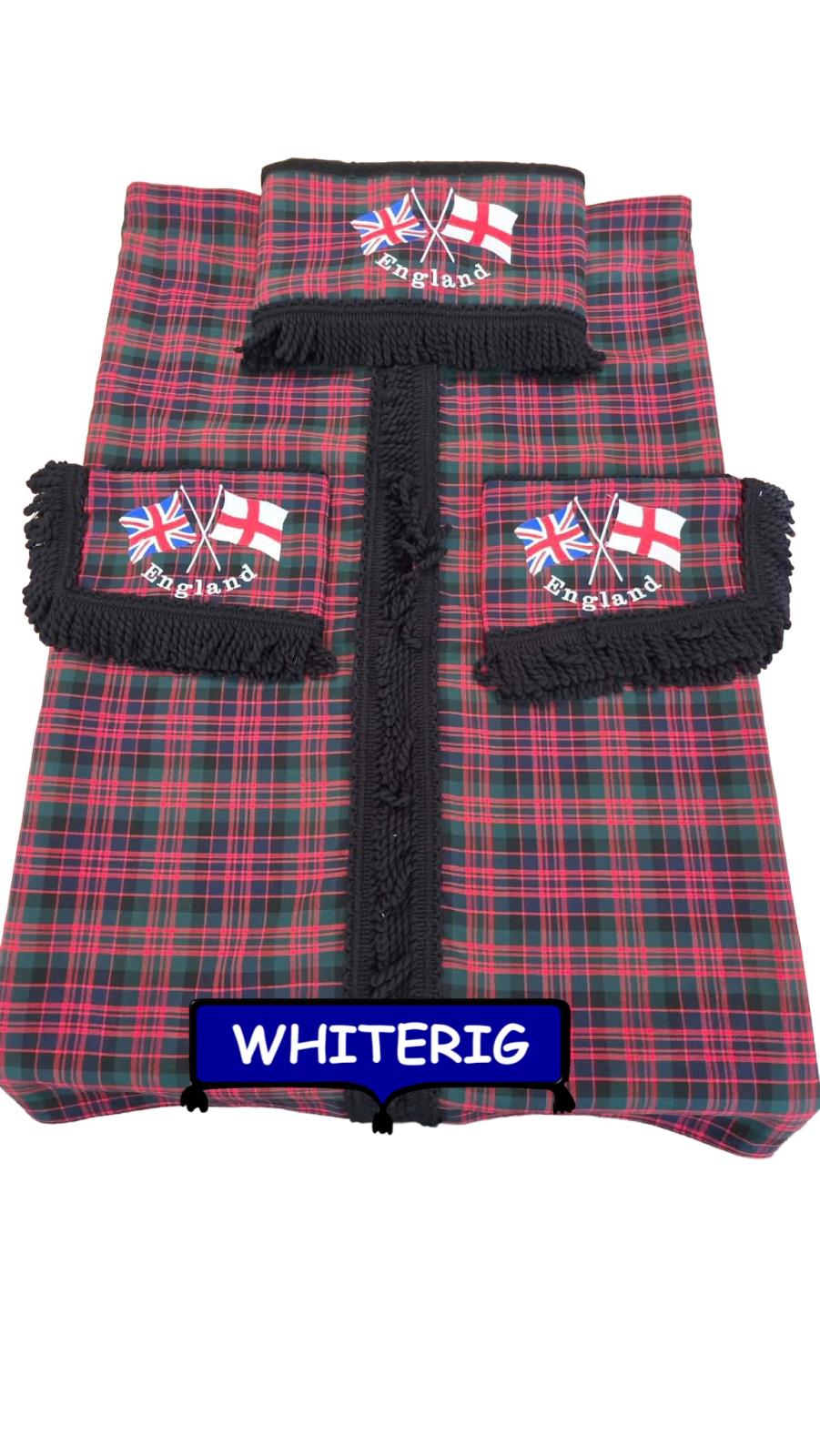 Red & Green Tartan Truck Curtains with England Flag Embroidery  Whiterig Truck Curtains